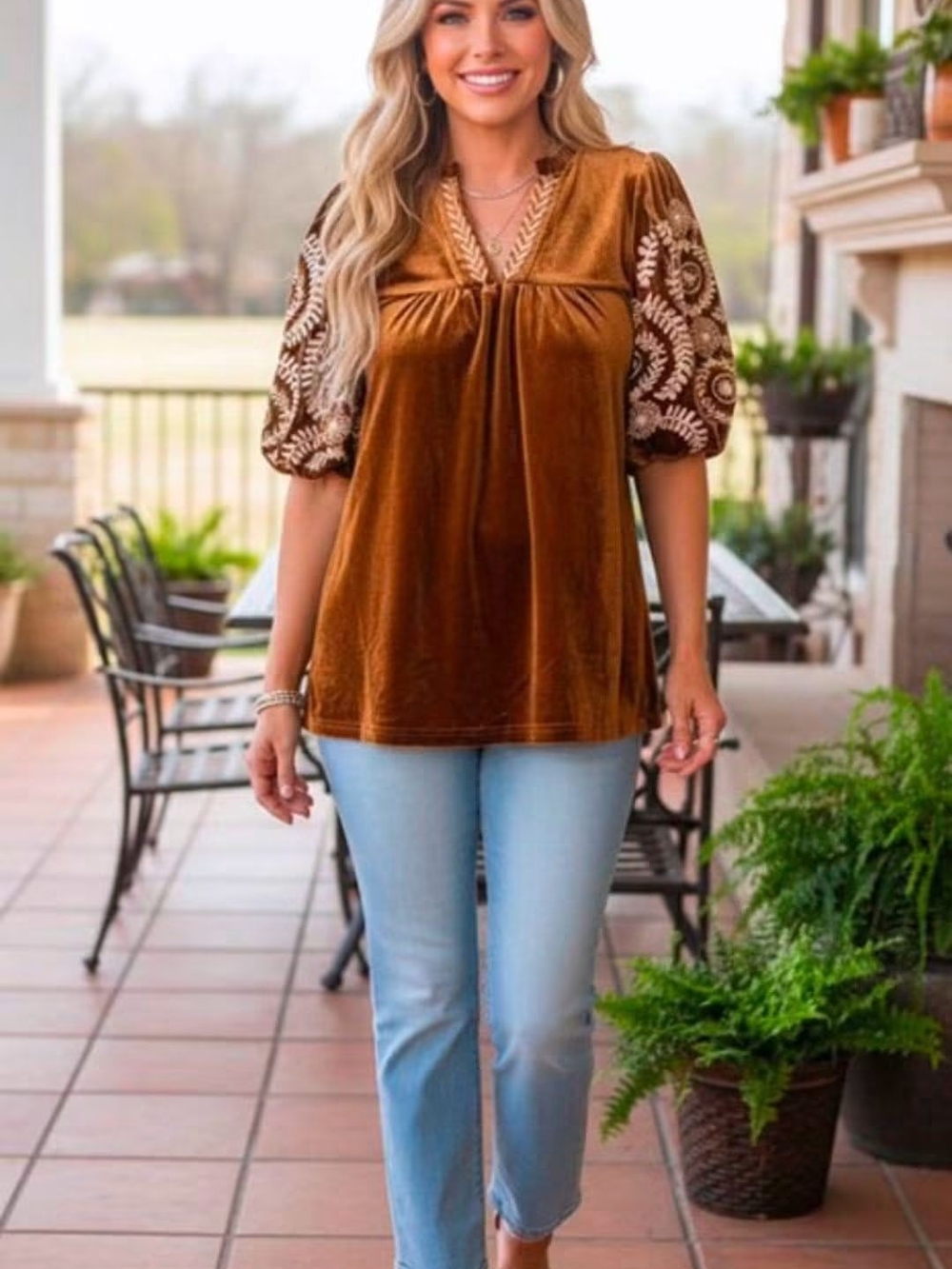 New Embroidered Velvet Puff-Sleeve Top - Brown